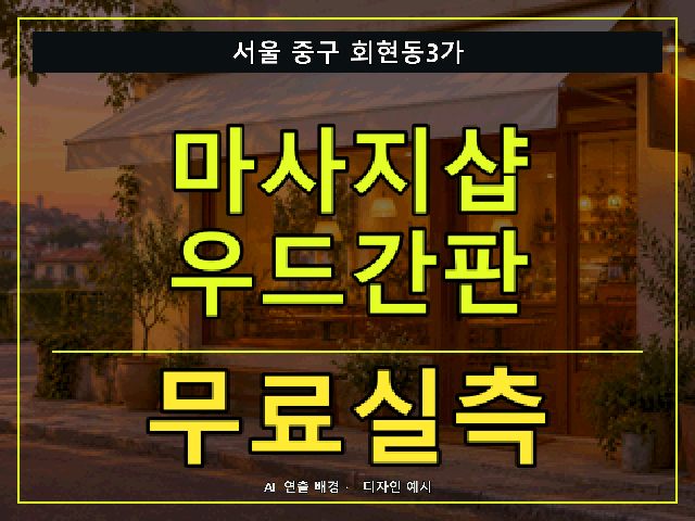 서울 중구 회현동3가 마사지샵 우드간판 무료실측 안내 썸네일 · AI 연출 배경