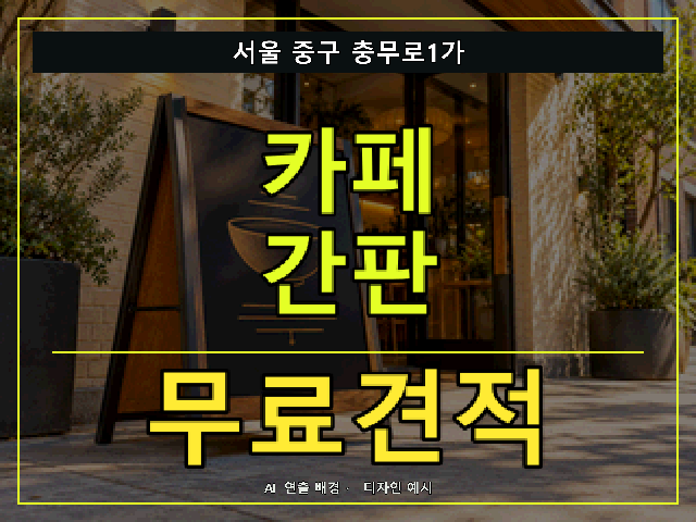 서울 중구 충무로1가 카페 간판 무료견적 안내 썸네일 · AI 연출 배경