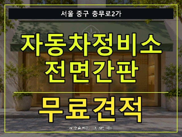 서울 중구 충무로2가 자동차정비소 전면간판 무료견적 안내 썸네일 · AI 연출 배경