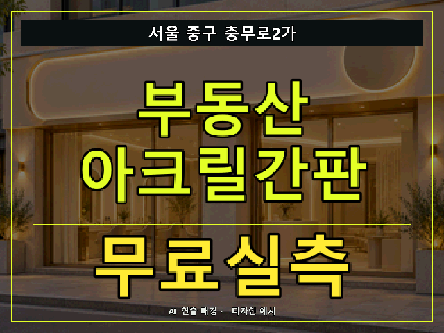서울 중구 충무로2가 부동산 아크릴간판 무료실측 안내 썸네일 · AI 연출 배경