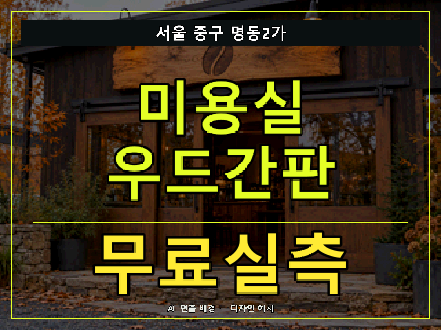 서울 중구 명동2가 미용실 우드간판 무료실측 안내 썸네일 · AI 연출 배경