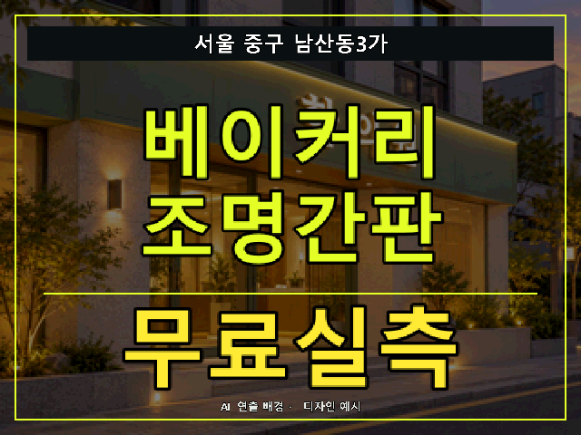 서울 중구 남산동3가 베이커리 조명간판 무료실측 안내 썸네일 · AI 연출 배경