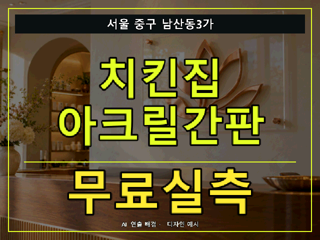 서울 중구 남산동3가 치킨집 아크릴간판 무료실측 안내 썸네일 · AI 연출 배경