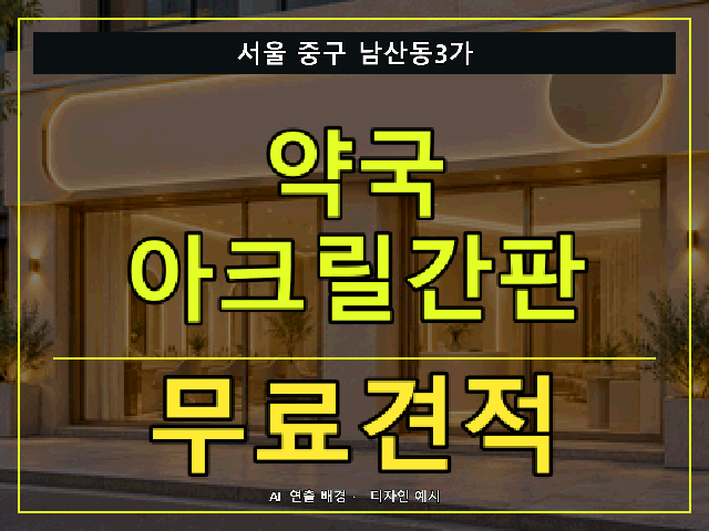 서울 중구 남산동3가 약국 아크릴간판 무료견적 안내 썸네일 · AI 연출 배경