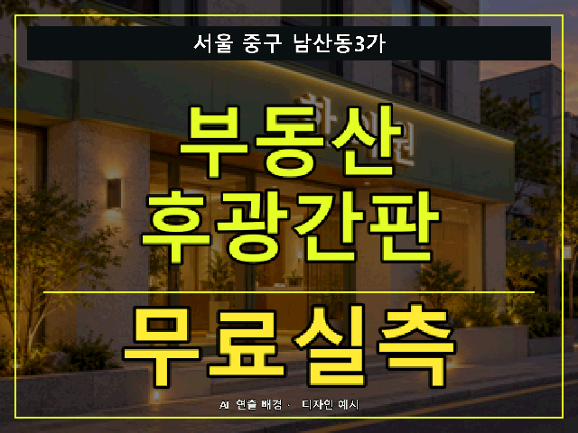 서울 중구 남산동3가 부동산 후광간판 무료실측 안내 썸네일 · AI 연출 배경