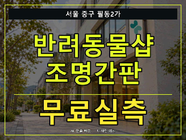 서울 중구 필동2가 반려동물샵 조명간판 무료실측 안내 썸네일 · AI 연출 배경