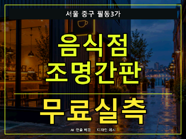 서울 중구 필동3가 음식점 조명간판 무료실측 안내 썸네일 · AI 연출 배경