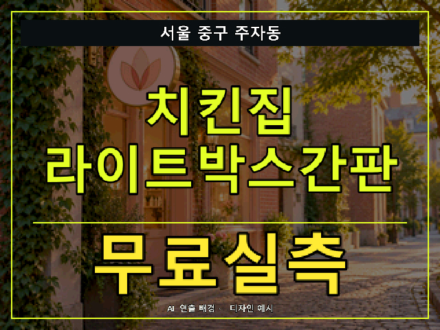 서울 중구 주자동 치킨집 라이트박스간판 무료실측 안내 썸네일 · AI 연출 배경