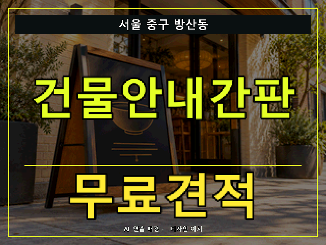 서울 중구 방산동 건물안내간판 무료견적 안내 썸네일 · AI 연출 배경