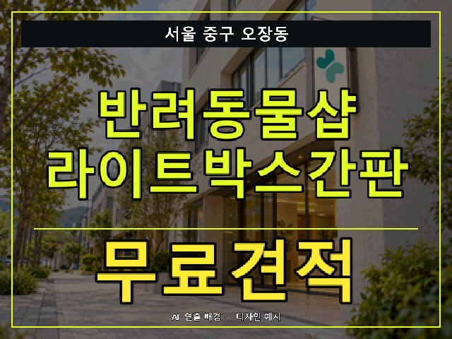서울 중구 오장동 반려동물샵 라이트박스간판 무료견적 안내 썸네일 · AI 연출 배경