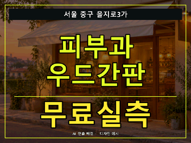 서울 중구 을지로3가 피부과 우드간판 무료실측 안내 썸네일 · AI 연출 배경
