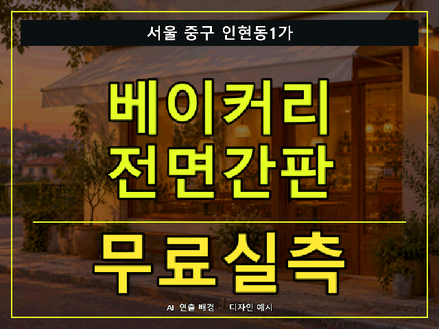 서울 중구 인현동1가 베이커리 전면간판 무료실측 안내 썸네일 · AI 연출 배경