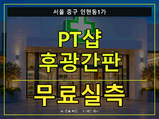 서울 중구 인현동1가 PT샵 후광간판 무료실측 안내 썸네일 · AI 연출 배경