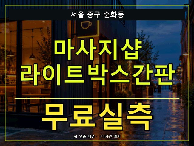 서울 중구 순화동 마사지샵 라이트박스간판 무료실측 안내 썸네일 · AI 연출 배경