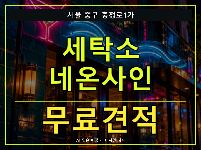서울 중구 충정로1가 세탁소 네온사인 무료견적 안내 썸네일 · AI 연출 배경