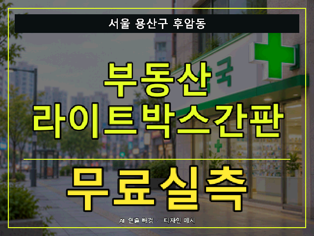 서울 용산구 후암동 부동산 라이트박스간판 무료실측 안내 썸네일 · AI 연출 배경