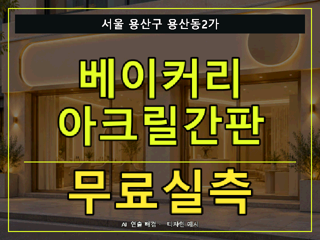 서울 용산구 용산동2가 베이커리 아크릴간판 무료실측 안내 썸네일 · AI 연출 배경