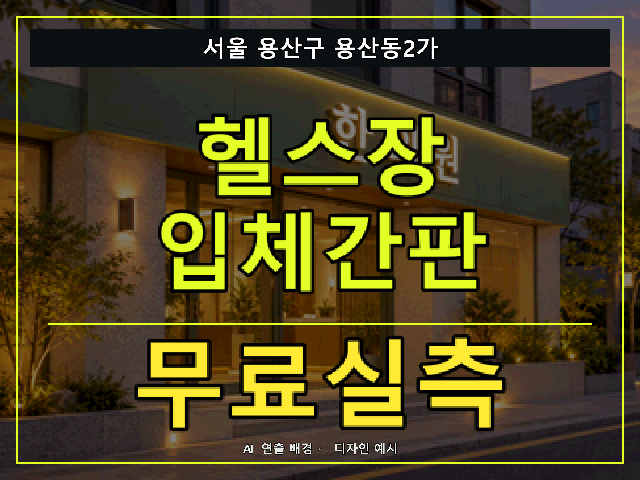 서울 용산구 용산동2가 헬스장 입체간판 무료실측 안내 썸네일 · AI 연출 배경