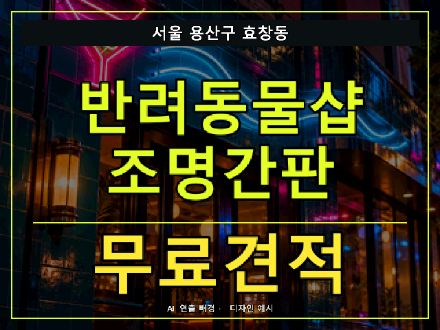 서울 용산구 효창동 반려동물샵 조명간판 무료견적 안내 썸네일 · AI 연출 배경