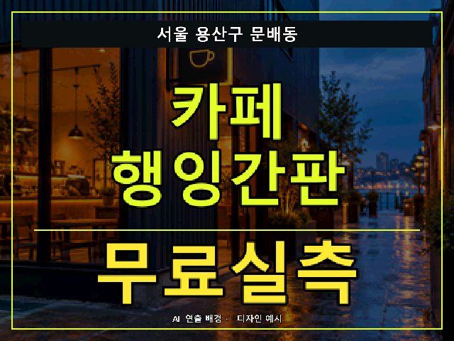 서울 용산구 문배동 카페 행잉간판 무료실측 안내 썸네일 · AI 연출 배경