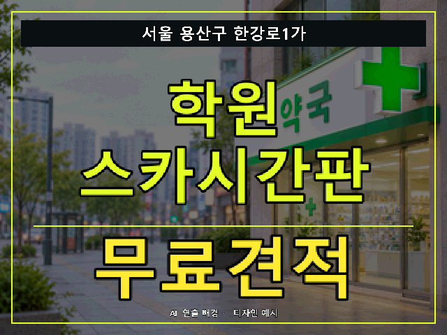 서울 용산구 한강로1가 학원 스카시간판 무료견적 안내 썸네일 · AI 연출 배경