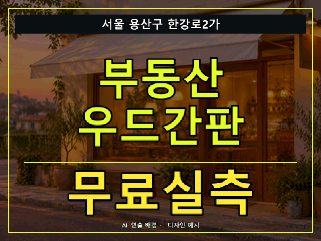 서울 용산구 한강로2가 부동산 우드간판 무료실측 안내 썸네일 · AI 연출 배경