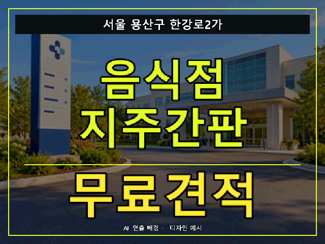 서울 용산구 한강로2가 음식점 지주간판 무료견적 안내 썸네일 · AI 연출 배경