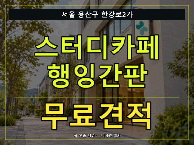 서울 용산구 한강로2가 스터디카페 행잉간판 무료견적 안내 썸네일 · AI 연출 배경