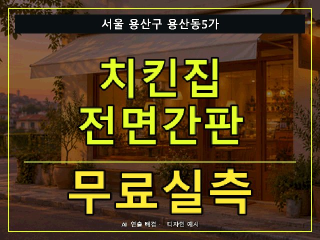 서울 용산구 용산동5가 치킨집 전면간판 무료실측 안내 썸네일 · AI 연출 배경