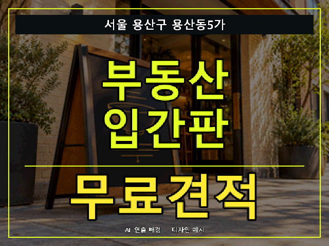 서울 용산구 용산동5가 부동산 입간판 무료견적 안내 썸네일 · AI 연출 배경