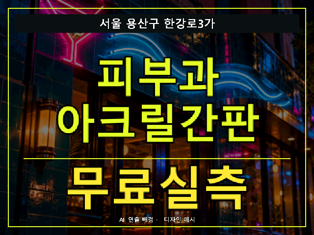 서울 용산구 한강로3가 피부과 아크릴간판 무료실측 안내 썸네일 · AI 연출 배경
