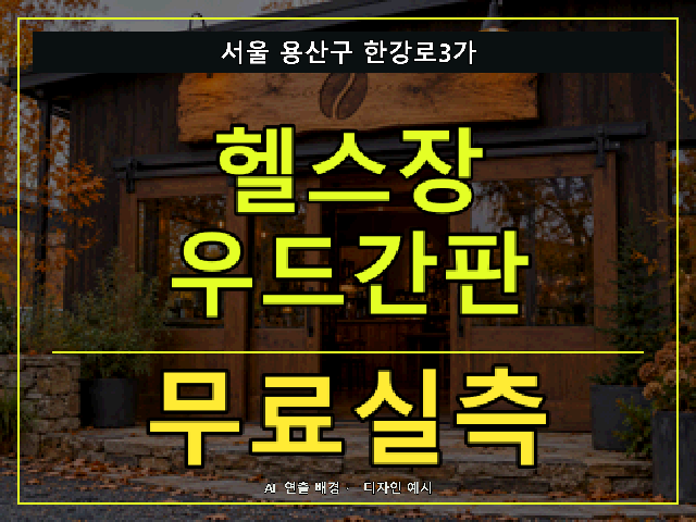 서울 용산구 한강로3가 헬스장 우드간판 무료실측 안내 썸네일 · AI 연출 배경