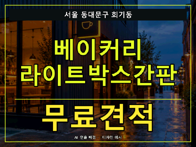 서울 동대문구 회기동 베이커리 라이트박스간판 무료견적 안내 썸네일 · AI 연출 배경