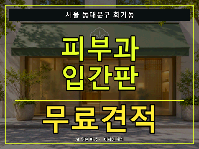 서울 동대문구 회기동 피부과 입간판 무료견적 안내 썸네일 · AI 연출 배경