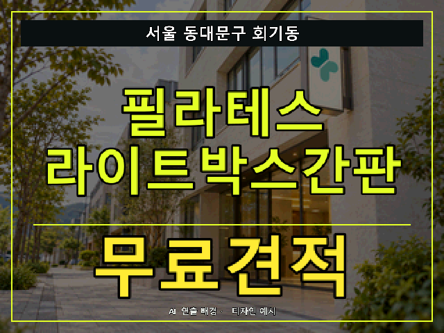 서울 동대문구 회기동 필라테스 라이트박스간판 무료견적 안내 썸네일 · AI 연출 배경