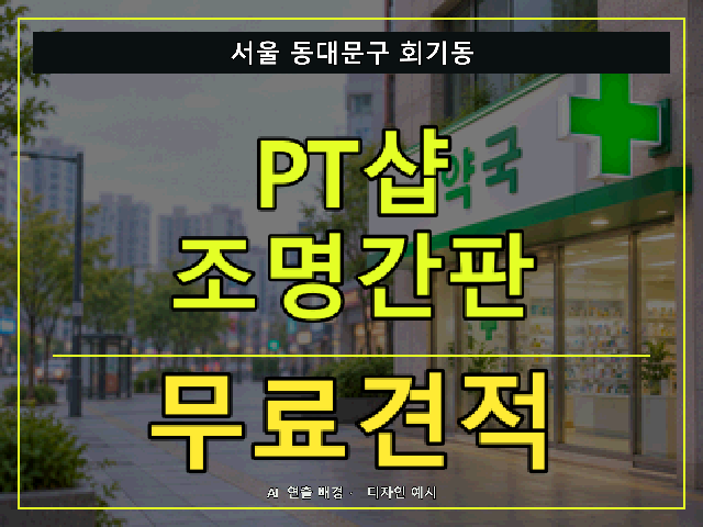 서울 동대문구 회기동 PT샵 조명간판 무료견적 안내 썸네일 · AI 연출 배경