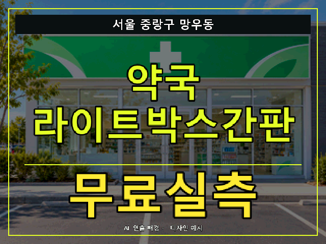 서울 중랑구 망우동 약국 라이트박스간판 무료실측 안내 썸네일 · AI 연출 배경