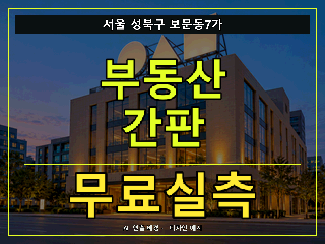 서울 성북구 보문동7가 부동산 간판 무료실측 안내 썸네일 · AI 연출 배경