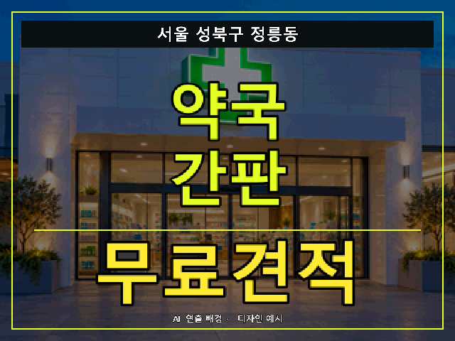 서울 성북구 정릉동 약국 간판 무료견적 안내 썸네일 · AI 연출 배경