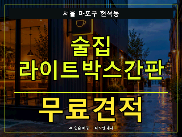 서울 마포구 현석동 술집 라이트박스간판 무료견적 안내 썸네일 · AI 연출 배경