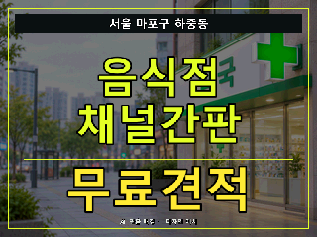 서울 마포구 하중동 음식점 채널간판 무료견적 안내 썸네일 · AI 연출 배경