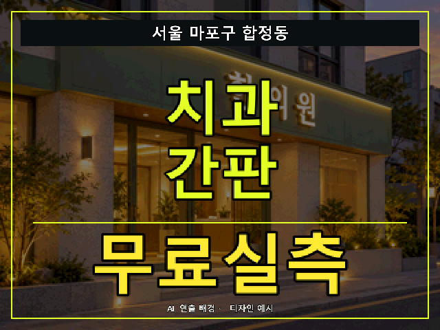 서울 마포구 합정동 치과 간판 무료실측 안내 썸네일 · AI 연출 배경