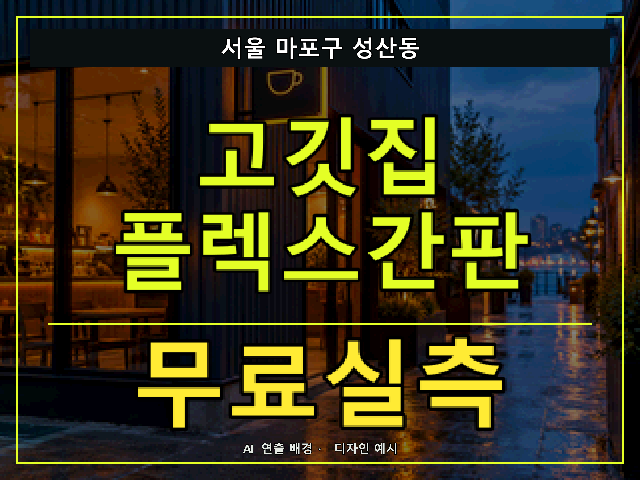 서울 마포구 성산동 고깃집 플렉스간판 무료실측 안내 썸네일 · AI 연출 배경