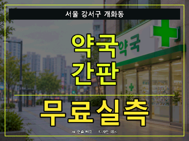 서울 강서구 개화동 약국 간판 무료실측 안내 썸네일 · AI 연출 배경