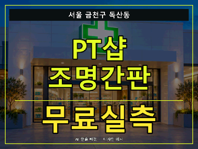 서울 금천구 독산동 PT샵 조명간판 무료실측 안내 썸네일 · AI 연출 배경