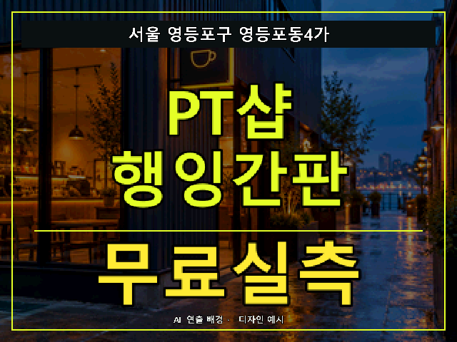 서울 영등포구 영등포동4가 PT샵 행잉간판 무료실측 안내 썸네일 · AI 연출 배경