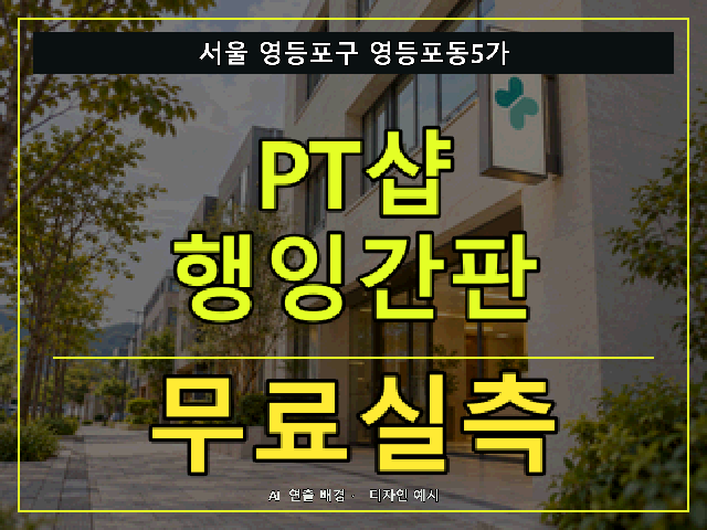 서울 영등포구 영등포동5가 PT샵 행잉간판 무료실측 안내 썸네일 · AI 연출 배경
