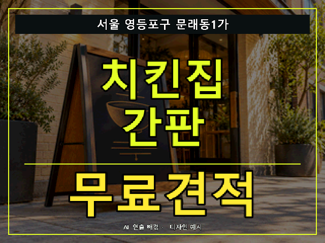 서울 영등포구 문래동1가 치킨집 간판 무료견적 안내 썸네일 · AI 연출 배경