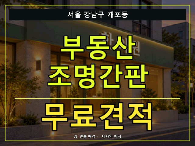 서울 강남구 개포동 부동산 조명간판 무료견적 안내 썸네일 · AI 연출 배경