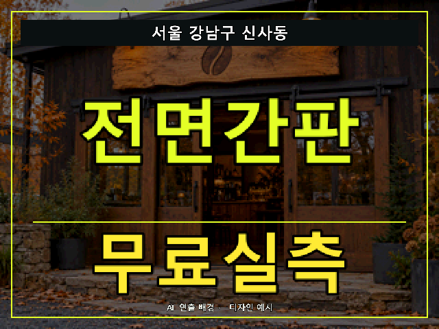 서울 강남구 신사동 전면간판 무료실측 안내 썸네일 · AI 연출 배경